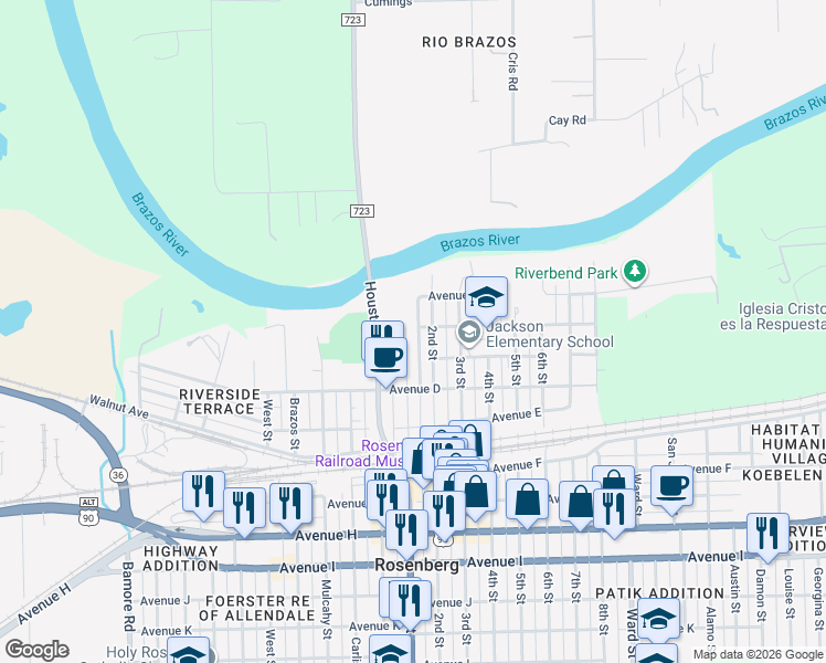 map of restaurants, bars, coffee shops, grocery stores, and more near 300 2nd Street in Rosenberg