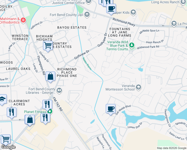 map of restaurants, bars, coffee shops, grocery stores, and more near 2242 Par Lane in Richmond