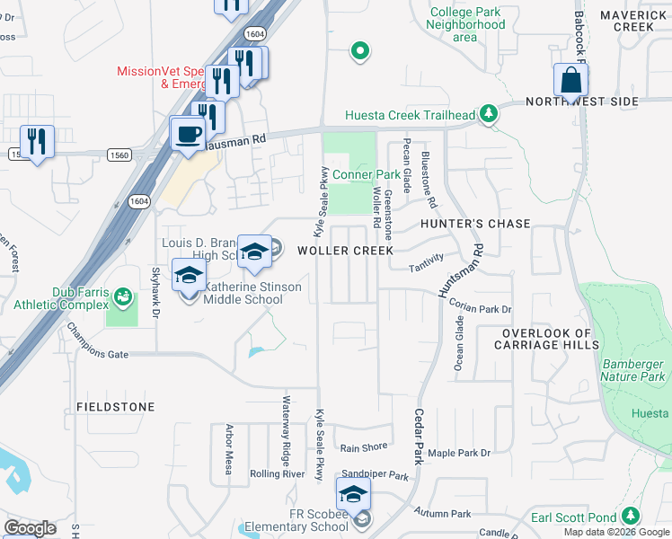 map of restaurants, bars, coffee shops, grocery stores, and more near 13035 Woller Path in San Antonio