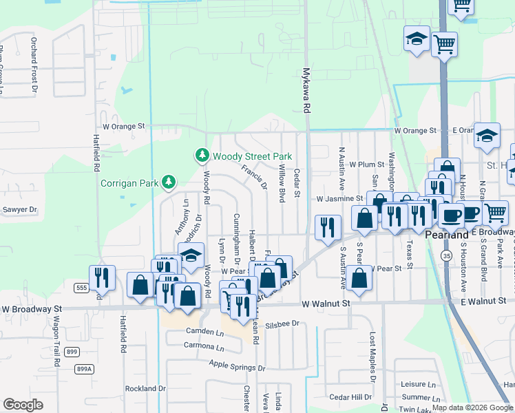 map of restaurants, bars, coffee shops, grocery stores, and more near 2307 Halbert Dr in Pearland