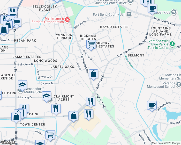 map of restaurants, bars, coffee shops, grocery stores, and more near 2111 Thompson Road in Richmond