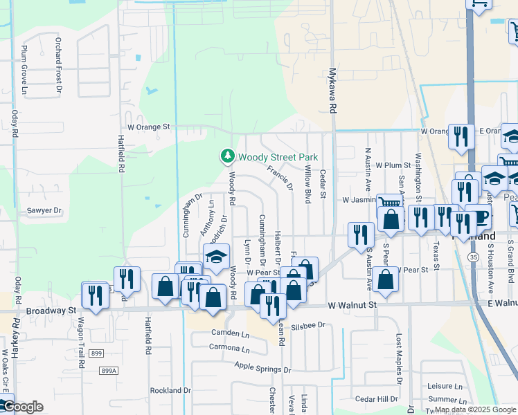 map of restaurants, bars, coffee shops, grocery stores, and more near 2304 Cunningham Drive in Pearland