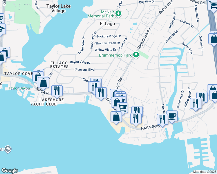 map of restaurants, bars, coffee shops, grocery stores, and more near 3410 East Nasa Parkway in Seabrook