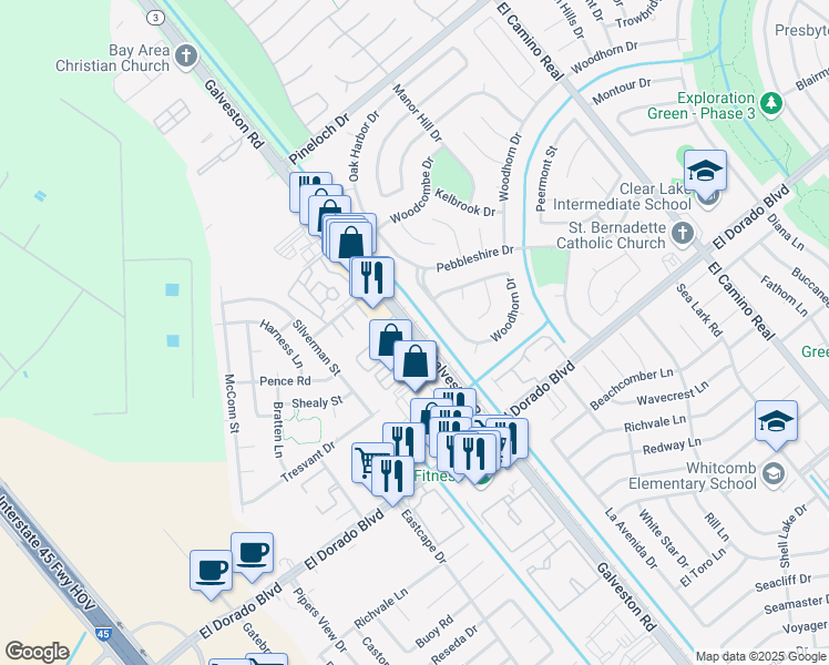 map of restaurants, bars, coffee shops, grocery stores, and more near 15337-15371 Galveston Road in Houston