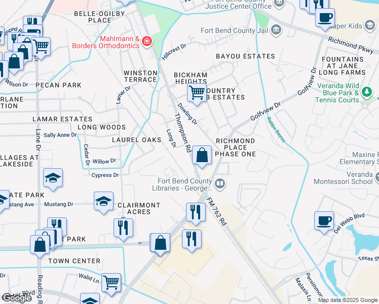 map of restaurants, bars, coffee shops, grocery stores, and more near 2001 Thompson Road in Richmond