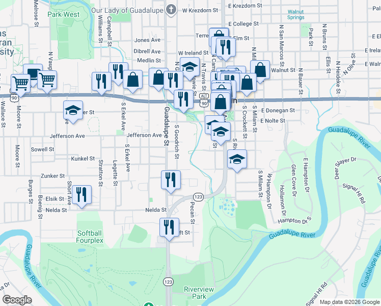 map of restaurants, bars, coffee shops, grocery stores, and more near 609 South Goodrich Street in Seguin