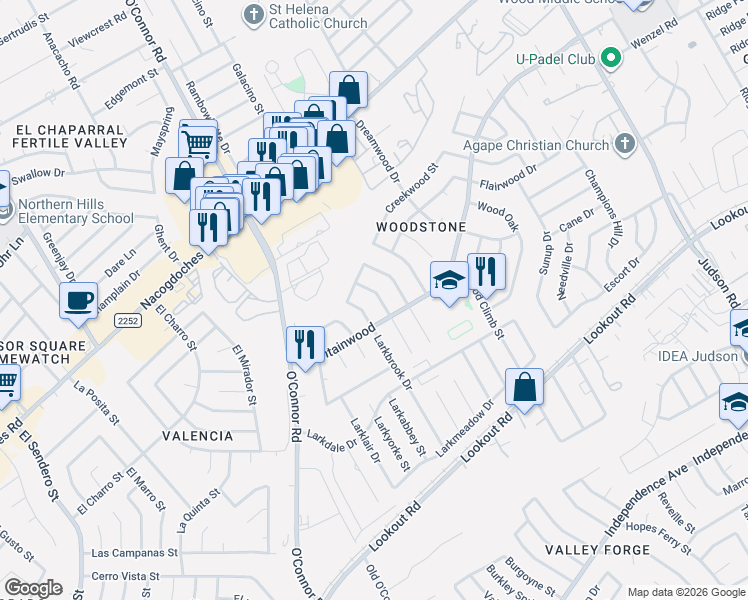 map of restaurants, bars, coffee shops, grocery stores, and more near 13611 Primwood Street in San Antonio