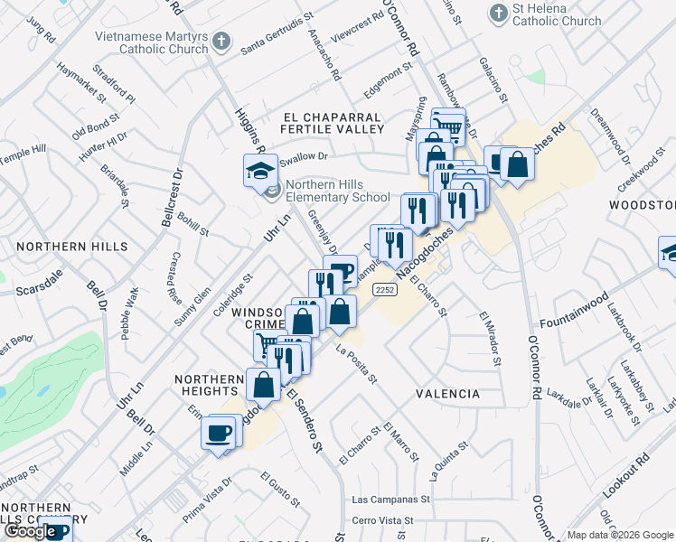 map of restaurants, bars, coffee shops, grocery stores, and more near 4926 Buckwheat Street in San Antonio