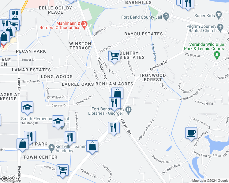 map of restaurants, bars, coffee shops, grocery stores, and more near 2001 Thompson Road in Richmond