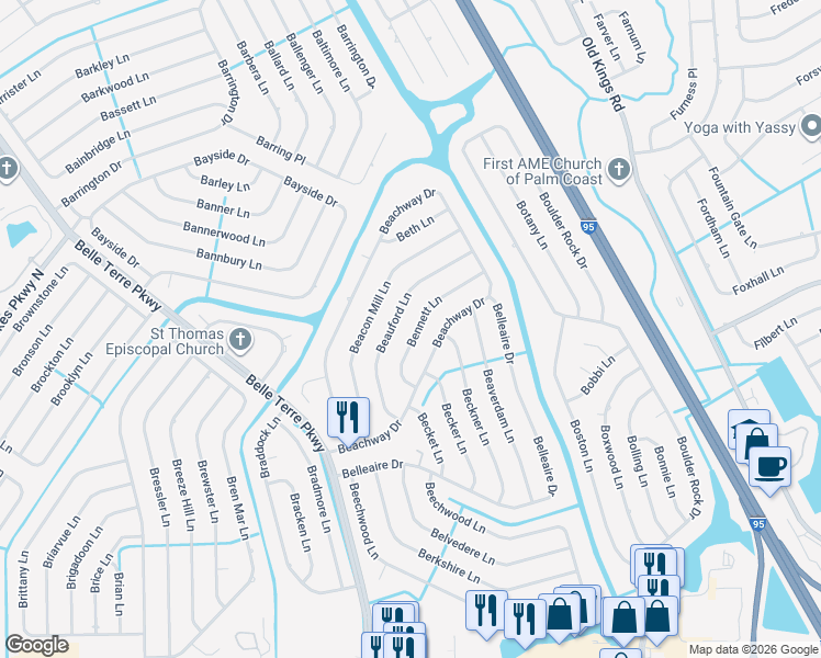 map of restaurants, bars, coffee shops, grocery stores, and more near 33 Bennett Lane in Palm Coast