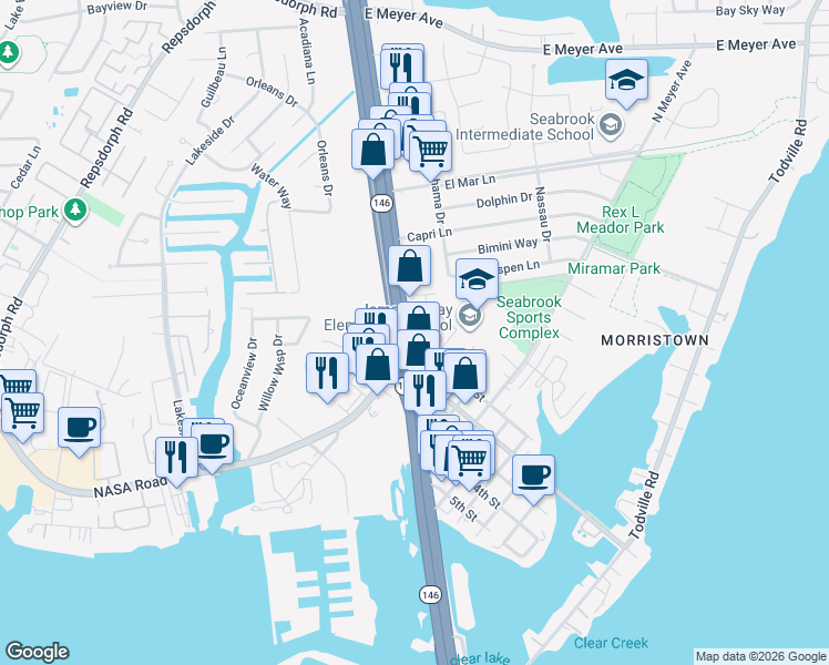 map of restaurants, bars, coffee shops, grocery stores, and more near 1305 Anders Avenue in Seabrook