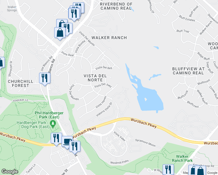 map of restaurants, bars, coffee shops, grocery stores, and more near 1206 Vista Del Juez in San Antonio