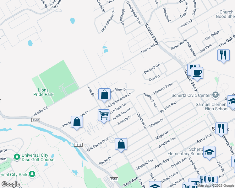 map of restaurants, bars, coffee shops, grocery stores, and more near 2100 Windy Point Road in Schertz