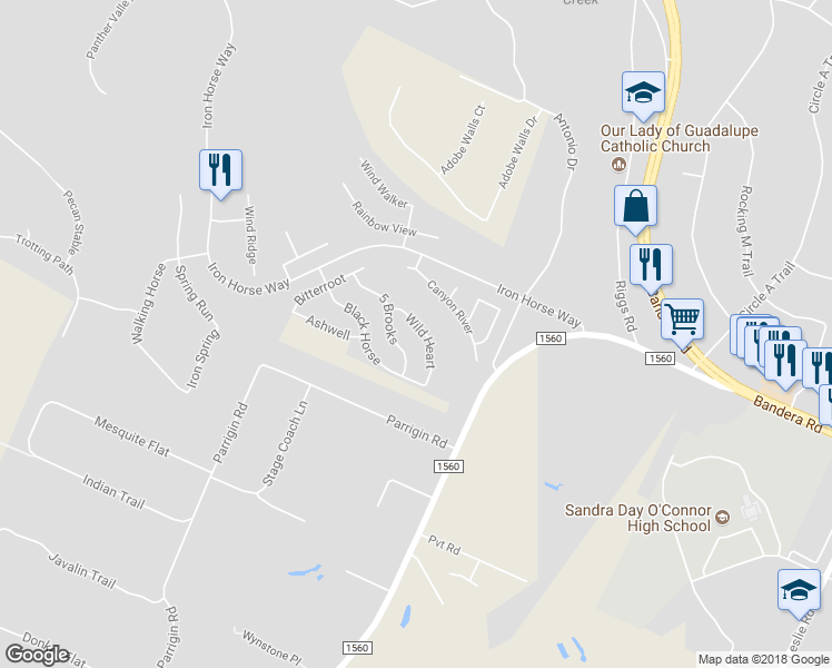 map of restaurants, bars, coffee shops, grocery stores, and more near 13047 Wild Heart in Helotes