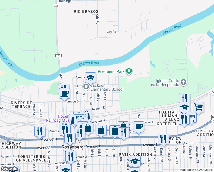 map of restaurants, bars, coffee shops, grocery stores, and more near 2308 Avenue B in Rosenberg