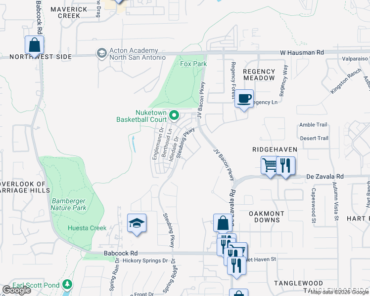 map of restaurants, bars, coffee shops, grocery stores, and more near 6622 Gentry Farm in San Antonio