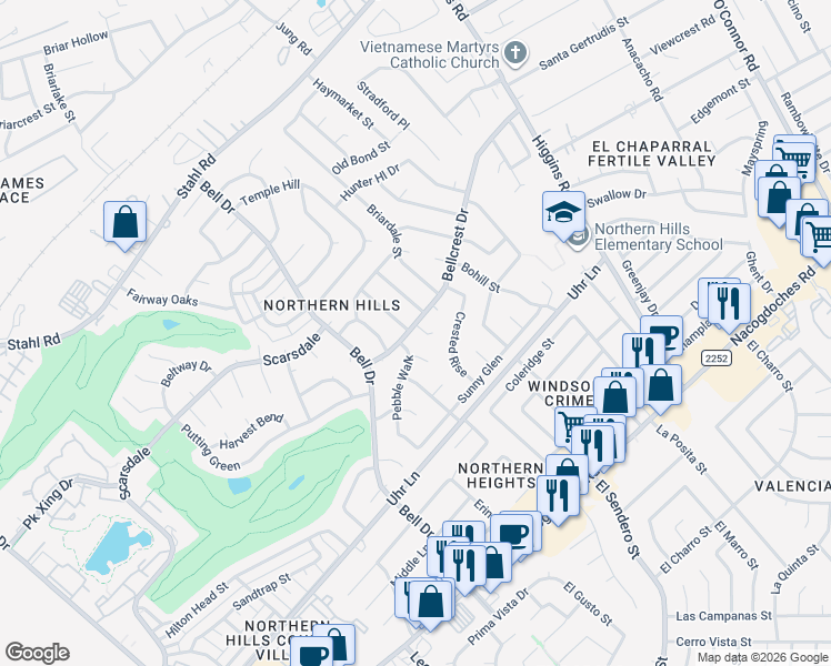 map of restaurants, bars, coffee shops, grocery stores, and more near 4602 Cobble Crest Street in San Antonio