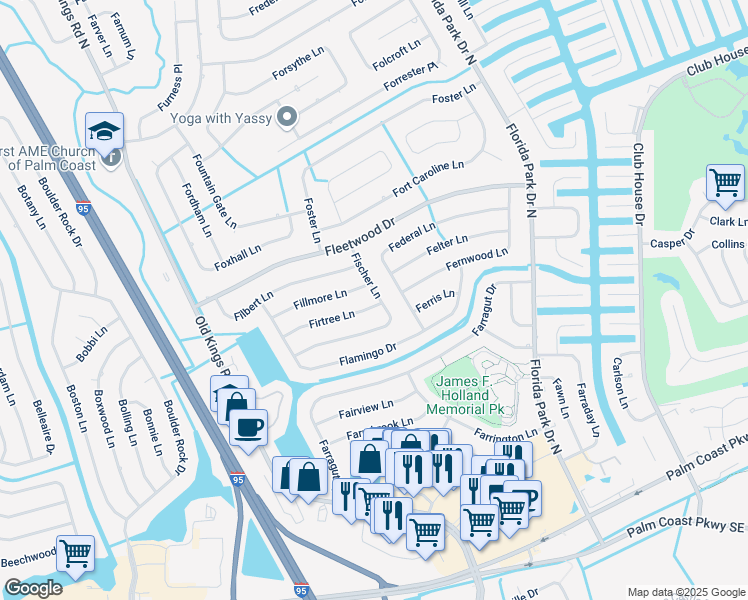 map of restaurants, bars, coffee shops, grocery stores, and more near 1 Firtree Lane in Palm Coast