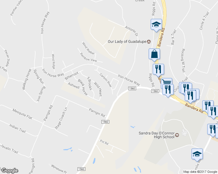 map of restaurants, bars, coffee shops, grocery stores, and more near 10414 Canyon River in Helotes