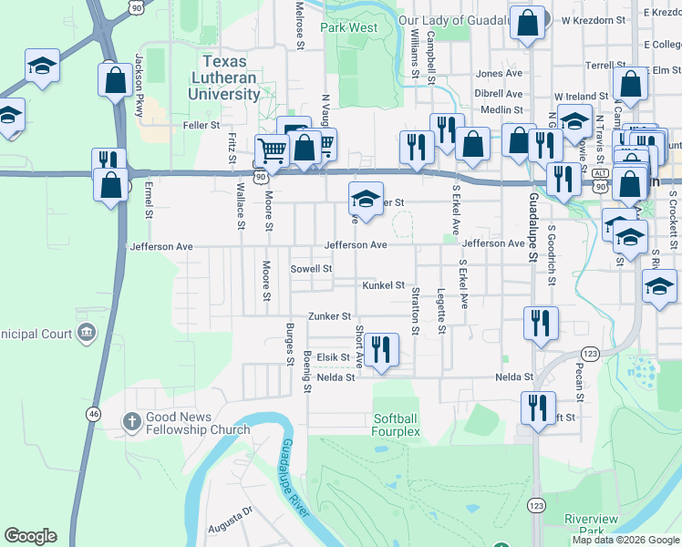 map of restaurants, bars, coffee shops, grocery stores, and more near 425 Duggan Street in Seguin