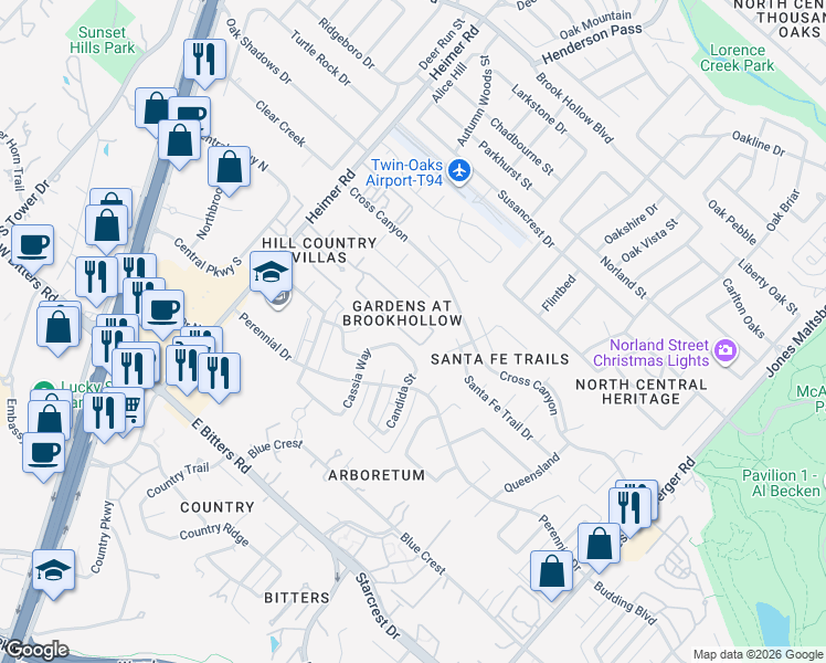 map of restaurants, bars, coffee shops, grocery stores, and more near 13143 Babbling Brook in San Antonio