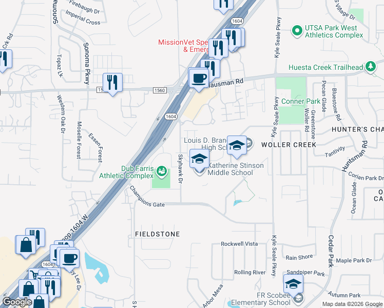 map of restaurants, bars, coffee shops, grocery stores, and more near 8400-8498 Flanagan in San Antonio