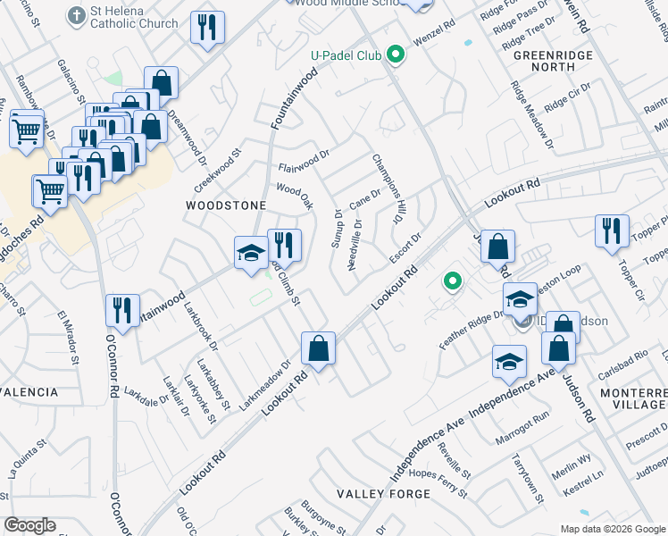 map of restaurants, bars, coffee shops, grocery stores, and more near 5515 Needville in San Antonio
