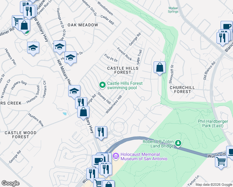map of restaurants, bars, coffee shops, grocery stores, and more near 2330 Cobble Way in San Antonio