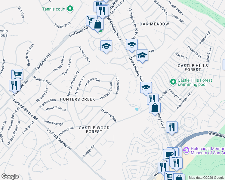 map of restaurants, bars, coffee shops, grocery stores, and more near 3602 Hunters Sound in San Antonio