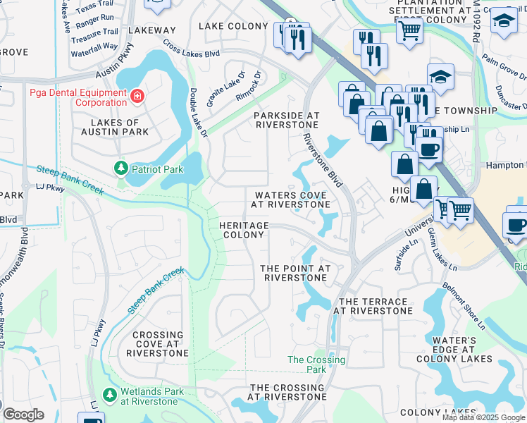 map of restaurants, bars, coffee shops, grocery stores, and more near 5023 Bellmead Drive in Missouri City