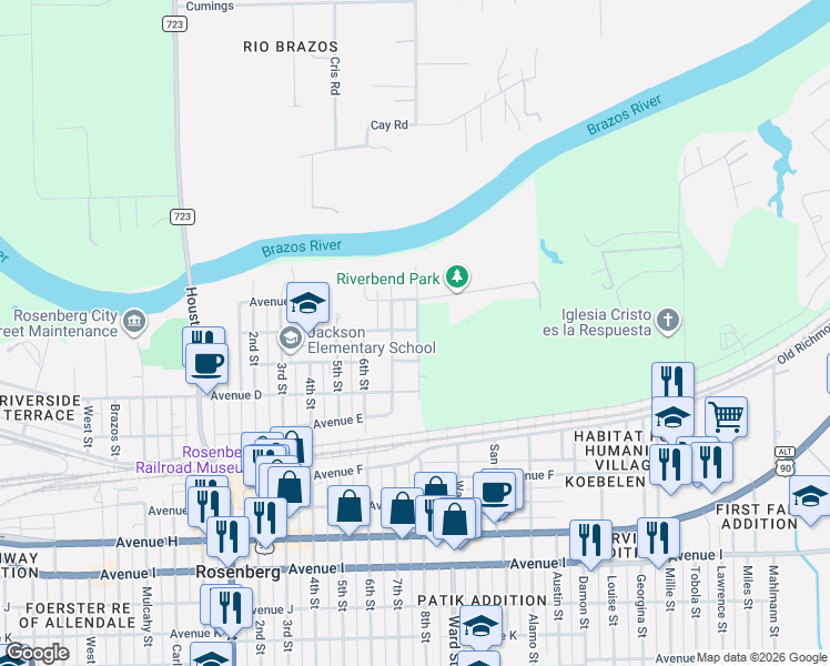 map of restaurants, bars, coffee shops, grocery stores, and more near 306 8th Street in Rosenberg