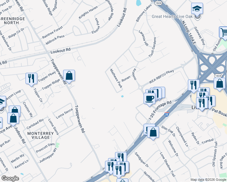 map of restaurants, bars, coffee shops, grocery stores, and more near 13507 Ashmont Terrace in San Antonio