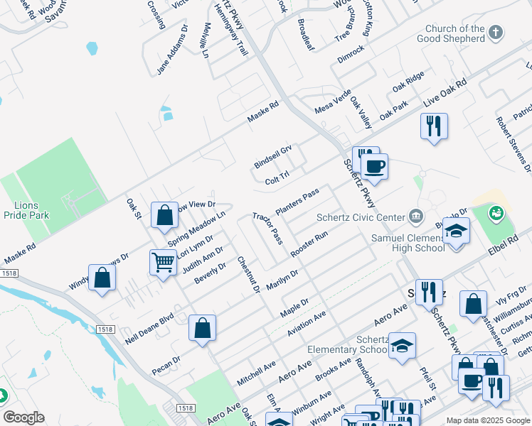map of restaurants, bars, coffee shops, grocery stores, and more near 1360 Tractor Pass in Schertz