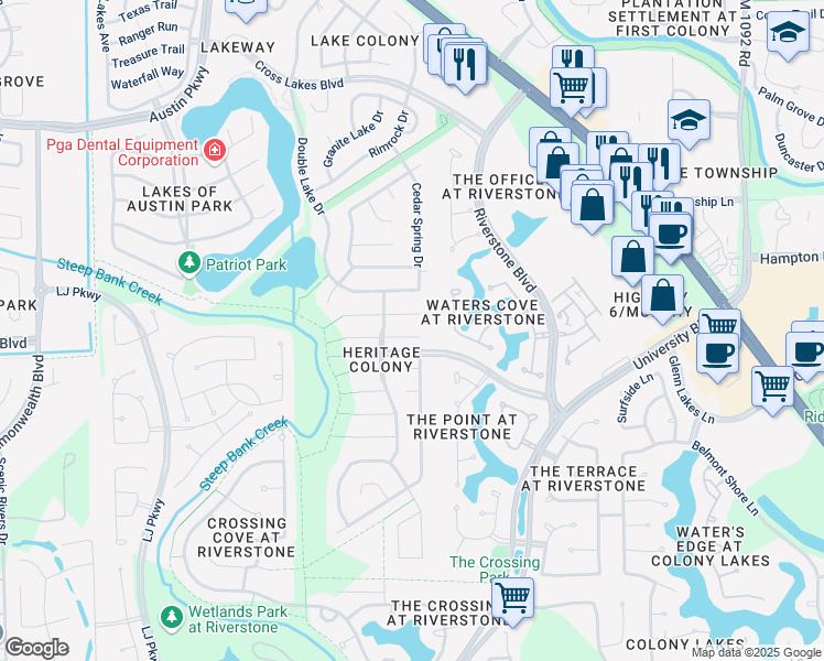 map of restaurants, bars, coffee shops, grocery stores, and more near 5023 Bellmead Drive in Missouri City