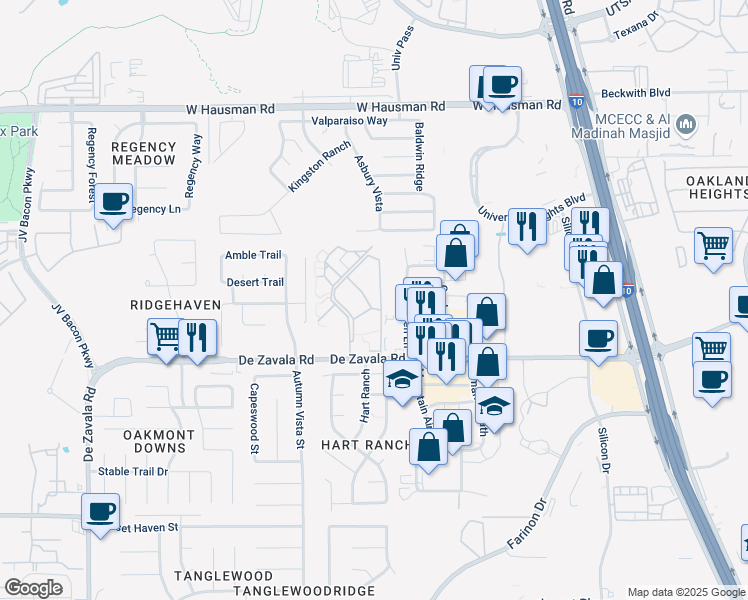 map of restaurants, bars, coffee shops, grocery stores, and more near 6033 De Zavala Road in San Antonio