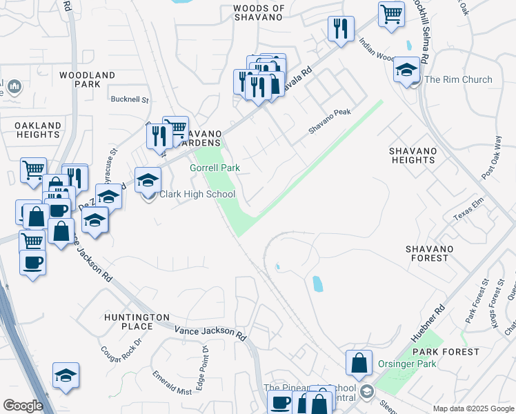 map of restaurants, bars, coffee shops, grocery stores, and more near 4855 Shavano Court in San Antonio