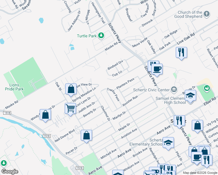 map of restaurants, bars, coffee shops, grocery stores, and more near 1360 Tractor Pass in Schertz