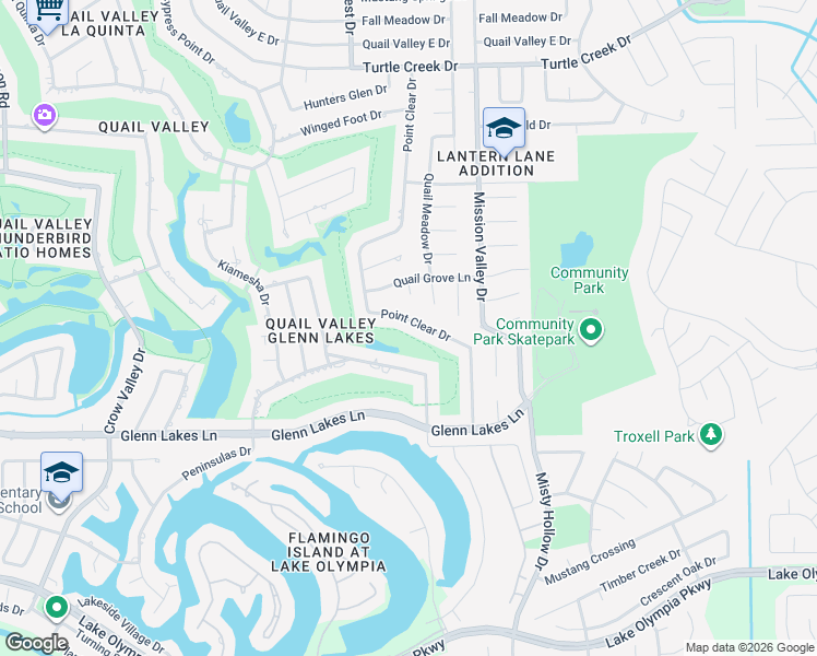 map of restaurants, bars, coffee shops, grocery stores, and more near 3930 Point Clear Drive in Missouri City