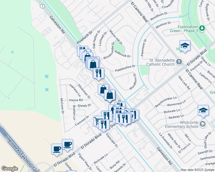 map of restaurants, bars, coffee shops, grocery stores, and more near 15337-15371 Galveston Road in Houston