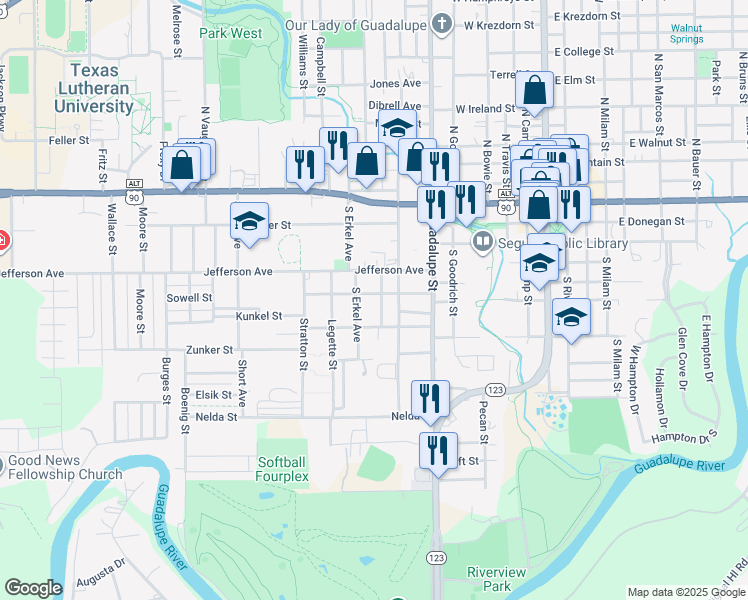 map of restaurants, bars, coffee shops, grocery stores, and more near 611 South Erkel Avenue in Seguin