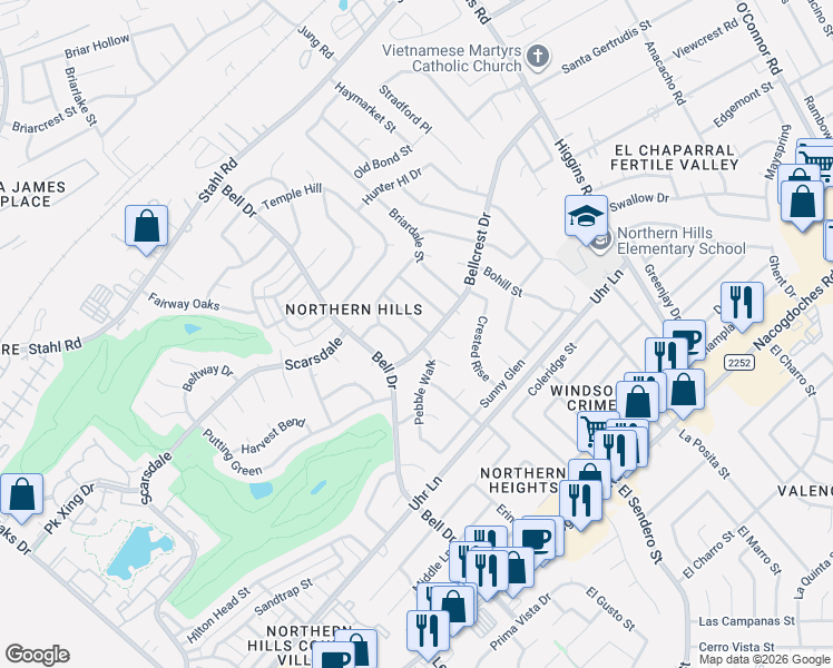 map of restaurants, bars, coffee shops, grocery stores, and more near 4519 Briar Forrest in San Antonio