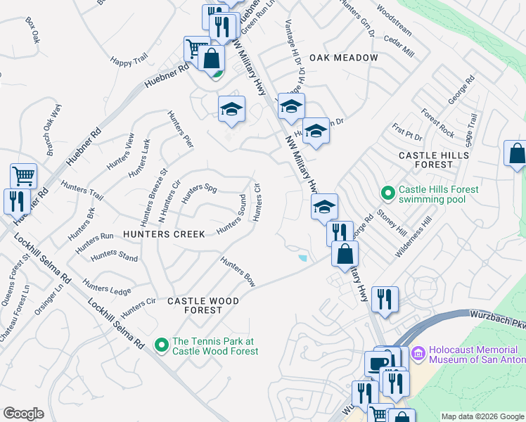 map of restaurants, bars, coffee shops, grocery stores, and more near 3710 Hunters Circle in San Antonio