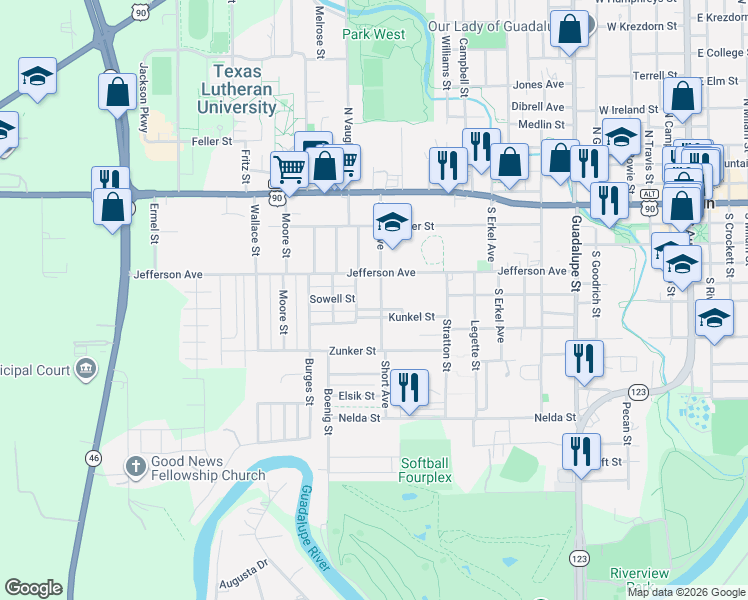 map of restaurants, bars, coffee shops, grocery stores, and more near 425 Duggan Street in Seguin