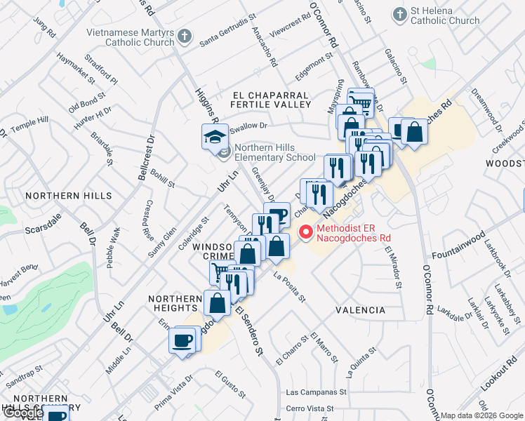 map of restaurants, bars, coffee shops, grocery stores, and more near 4926 Buckwheat Street in San Antonio