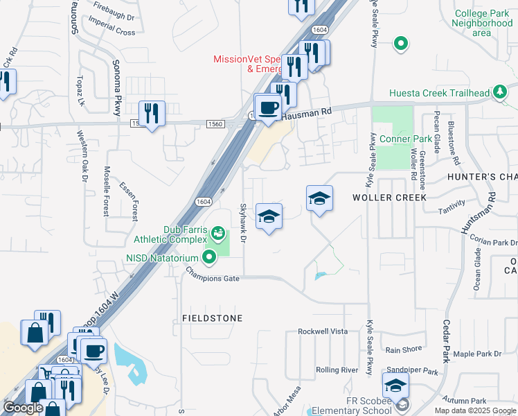 map of restaurants, bars, coffee shops, grocery stores, and more near 8400-8498 Flanagan in San Antonio