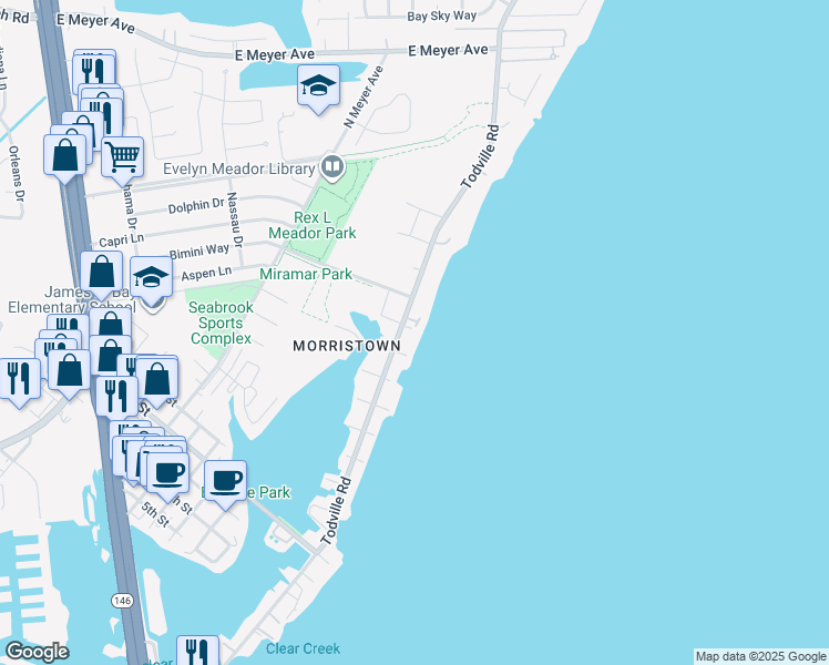 map of restaurants, bars, coffee shops, grocery stores, and more near 2020 Muecke Street in Seabrook