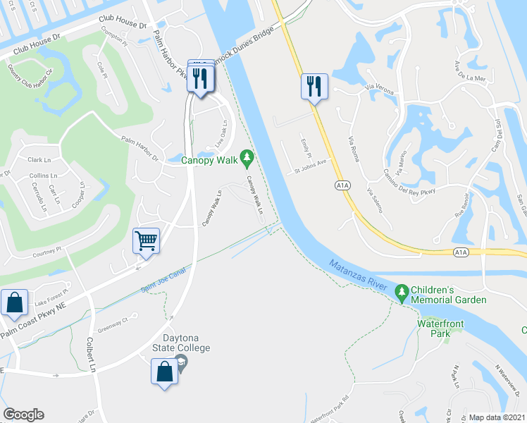 map of restaurants, bars, coffee shops, grocery stores, and more near 200 Canopy Walk Lane in Palm Coast