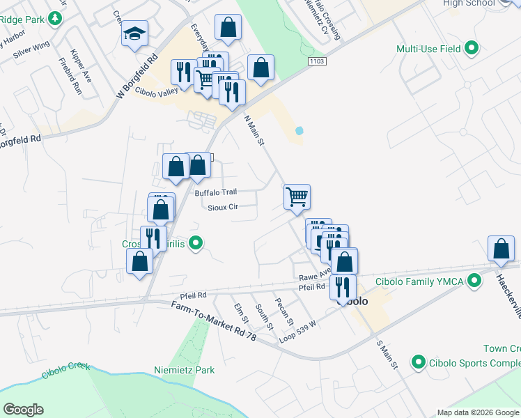 map of restaurants, bars, coffee shops, grocery stores, and more near 110 Comanche Circle in Cibolo