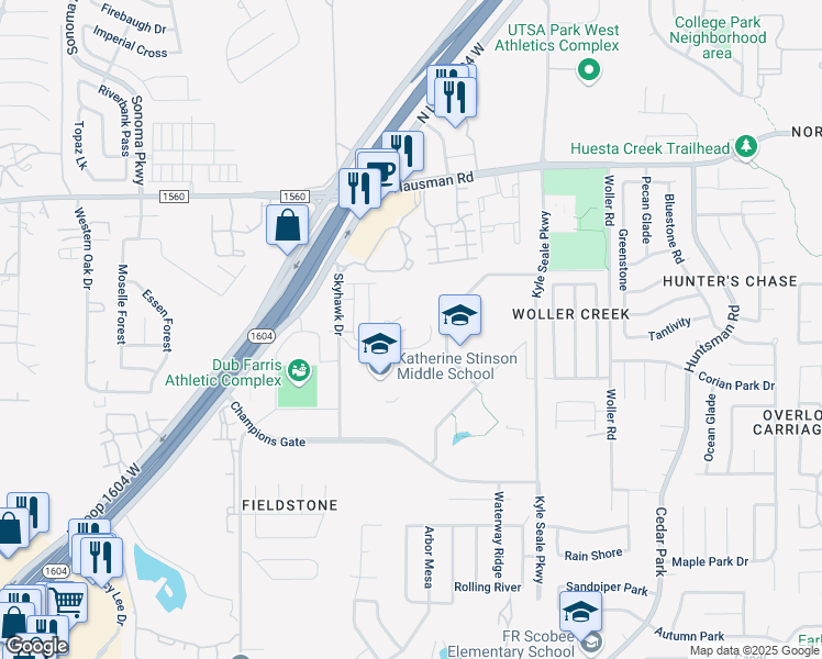 map of restaurants, bars, coffee shops, grocery stores, and more near 8400 Runner Cove in San Antonio
