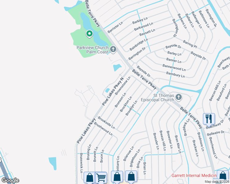 map of restaurants, bars, coffee shops, grocery stores, and more near 53 Brownstone Lane in Palm Coast